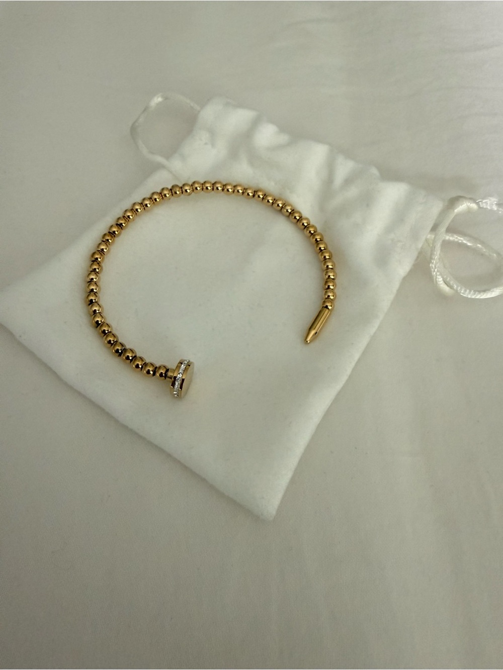 Gold Beaded Open Cuff Nail Bracelet with Crystal Accent